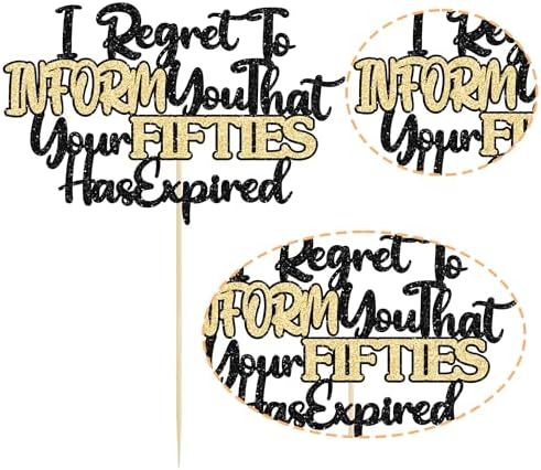 Ephlyn 1Pcs Happy 60th Birthday Cake Topper Black Gold Glitter I Regret to Inform You That Your Fifties Has Expired Cake Pick Cheers to 60 Years Cake Decorations for Funny 60th Birthday Party Supplies