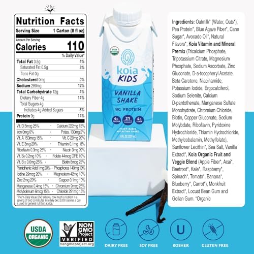 Koia Kids Plant Based Protein Shake, Vanilla, Ready to Drink, 9g Protein, 4g Low Sugar, 4g Fiber, 21 Vitamins & Minerals, Dairy-Free, Allergen-Free, Organic, Non-GMO, 8 Fl Oz (Pack of 12)