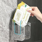 Wall Mounted Tissue Box Holder, Clear Plastic Storage Organizer for Bathroom Kitchen Toilet, No Drill Installation
