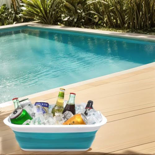 SAMMART 9.2L (2.37Gallon) Collapsible Tub - Portable Outdoor Picnic Basket/Crater - Foldable Shopping Bag - Space Saving Storage Container (M, Bright Blue)