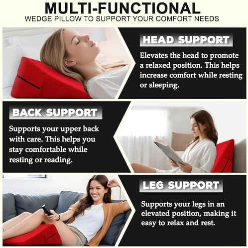 sokoro Bed Wedge Pillow for Sleeping, Triangle Pillow Wedge, Acid Reflux, Gerd, After Surgery, Back Support, Body Positioners for Pregnancy, Adults, Seniors to Elevate Head, Knee, Leg, Red