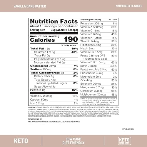 SlimFast Keto Meal Replacement Powder, Keto Meal Replacement Shake, Low Carb, Whey Protein, Collagen Protein, Grass Fed Butter, Weight Loss Shakes Powder, Gluten Free, Vanilla Cake Batter, 10 Servings
