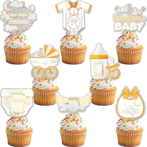 24Pcs A Little piece of Heaven Cupcake Toppers - Glitter Heaven Sent Baby Shower Party Decorations for Birthday Cake Décor