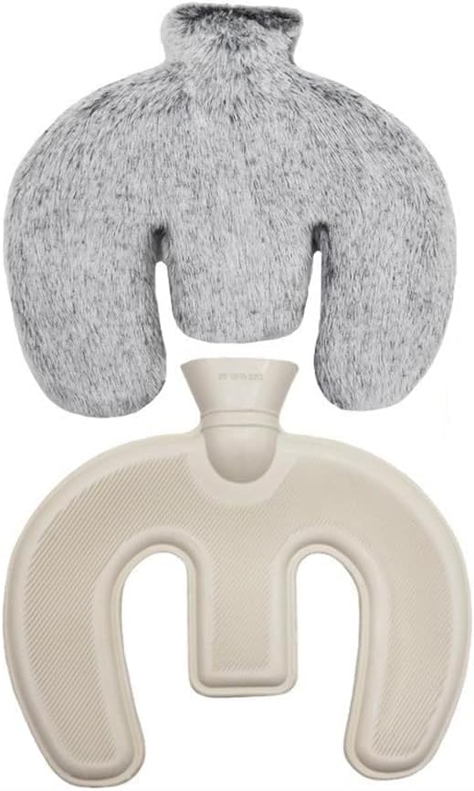U Shaped Hot Water Bottle, Neck and Shoulder Hot Water Bottle,1L Hot Water Bag with Detachable Cover Soft Plush Neck Warmer,Warmer Hot/Cold Water Wrap Pillow (Black&White)