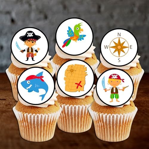 PRECUT Pirate Edible Cupcake Toppers - Theme #2 Premium Thickness SWEETENED VANILLA - wafer card disc cake decorations (12)
