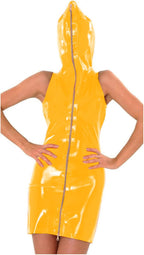Ladies Sleeveless Latex Hooded Mini Dress Novelty Zipper Front PVC Cosplay Party Dress Sexy Bodycon Clubwear,Yellow,S