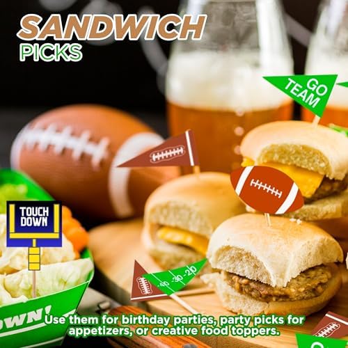 4E's Novelty 96 Pack Football Cupcake Toppers, 12 Styles, Multicolor, Football Party Supplies, Cake Toppers, Appetizer Picks, Sandwich Picks, Football Birthday Party Decor