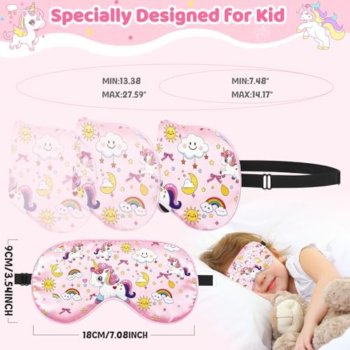 2 Pcs Sleep Mask for Kids Girls, Silk Eye Covers for Sleeping, Adjustable Strap & Light Blocking Design, Children's Bedtime Blindfold for Travel and Home Use (Rainbow Unicorn)