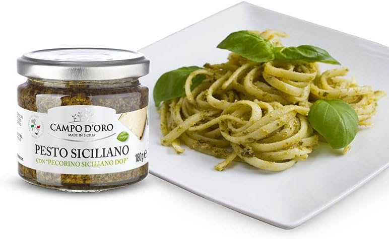 CAMPO D'ORO - Basil Pesto with Pecorino, Sicilian Creamy Pesto Recipe. Net Wt 6.35 oz (180g)