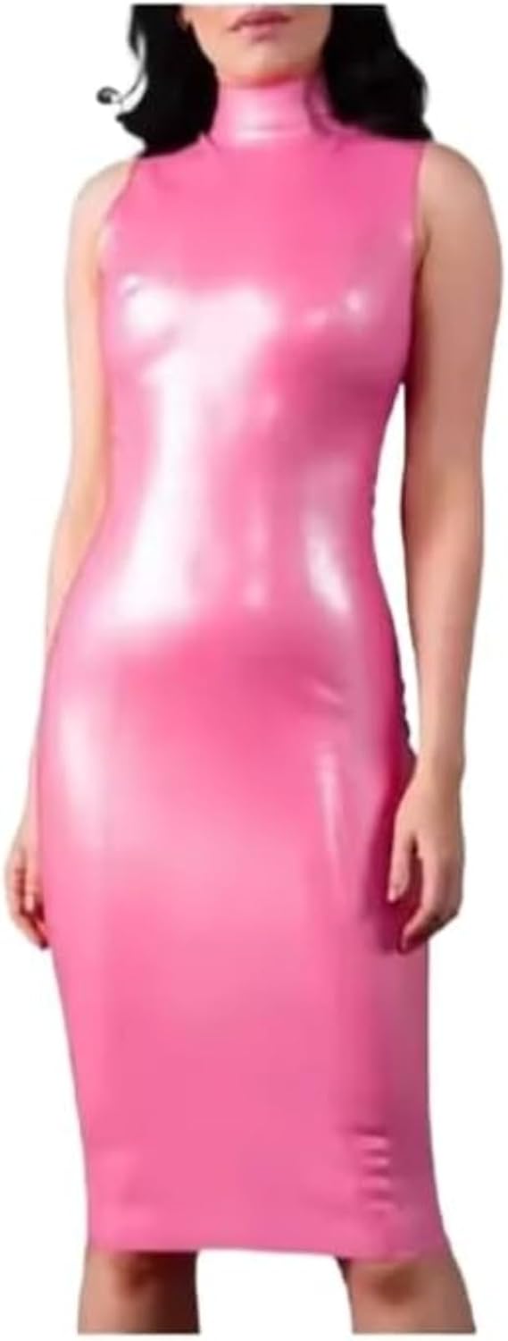 Sexy Pink Sleeveless Long Latex Dress in Knee Length, Skintight with Zipper on The Back and Slit at The Bottom