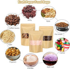 50PCS Kraft Paper Stand Up Pouch Bags Reusable Sealing Food Pouches with Transparent Window and Tear Notch Stand Up Gift Dried Food Fruit Tea Self Sealing Pouches (Brown）
