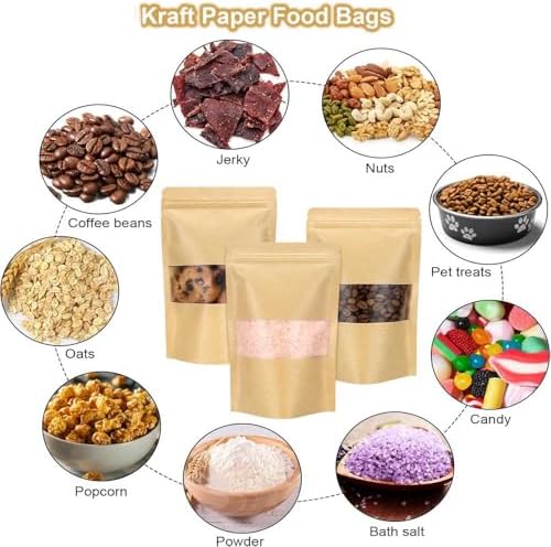 50PCS Kraft Paper Stand Up Pouch Bags Reusable Sealing Food Pouches with Transparent Window and Tear Notch Stand Up Gift Dried Food Fruit Tea Self Sealing Pouches (Brown）