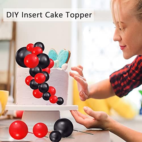 Ball Cake Topper Foam Ball Cake Picks Cupcake Faux Pearl Balls DIY Cake Insert Topper Baking Decoration for Anniversary Graduation Birthday Party Baby Shower, 16pcs (Black, Red)