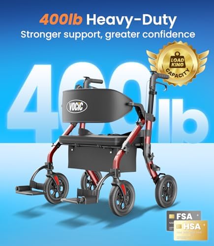 VOCIC Walkers for Seniors Z59, 2 in 1 Walker Wheelchair Combo, 400 LBS Weight Capacity, 10" All Terrain Rollator with Extra Wide Seat & Backrest, Heavy Duty Rollator with Cup Holder