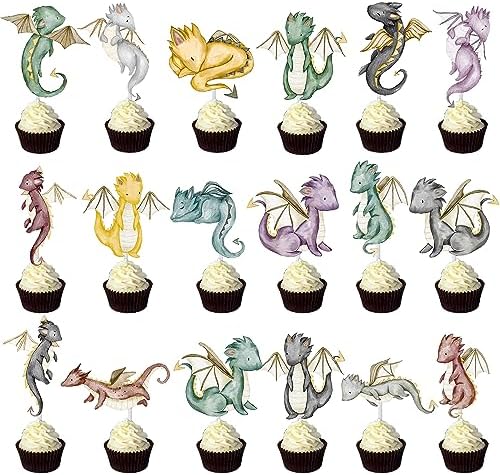 Dragon Party Cupcake Toppers 36Pcs Dragon Theme Cupcake Picks Dragon Birthday Party Decoration Fantasy Dragon Cake Decorations for Flying Dragon Baby Shower Supplies
