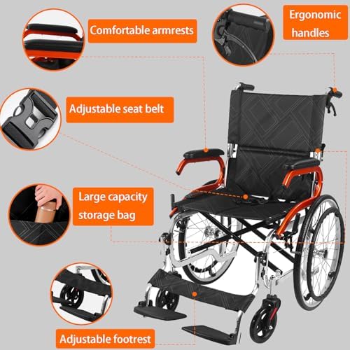 Lightweight Self-Propelled Wheelchair for Adults & Elderly - 24LB Aluminum Alloy Frame,All Terrain Puncture-Proof Wheels,Foldable with Adjustable Footrest/Armrest for Travel