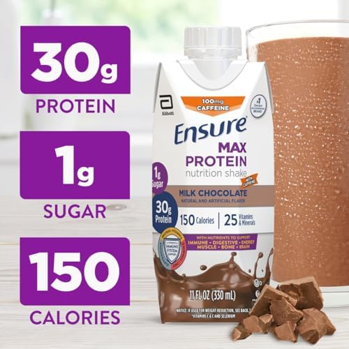 Ensure Max Protein Shake | Milk Chocolate with Caffeine | Ready to Drink | 30g Protein for Muscle Health | 1g Sugar, 4g Fiber | 11 fl oz, 12 Pack