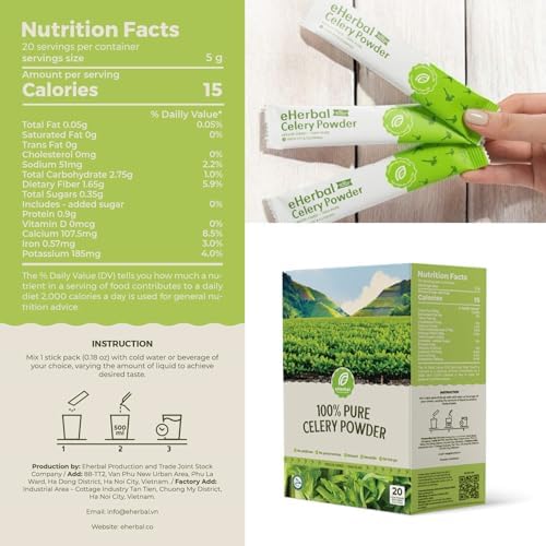 eHerbal 100% Plant based Freeze Dried Celery Powder Packets for Drink, Soups, Smoothies or Cook, 20 Convenient Packs | Simple & Natural, Easy to Mix (5g per Stick) Non-GMO Travel Size