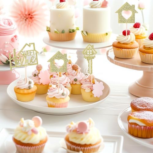 24 Pcs Sweet Home Cupcake Toppers - Gold Glitter Key New Home Cupcake Picks - Housewarming Party Decorations