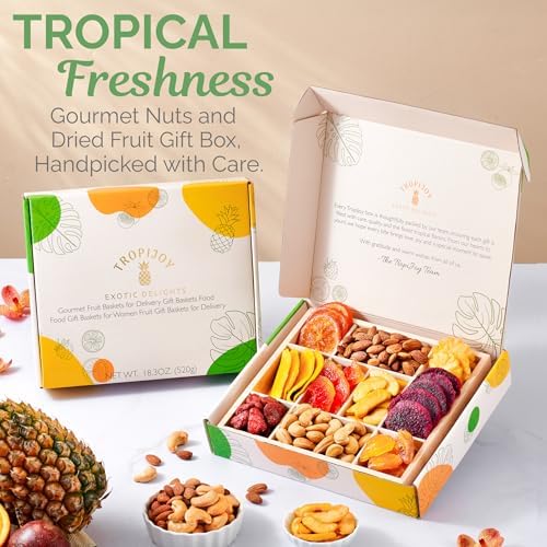 Dried Fruit Gift Basket – 10 Tropical Flavor Mothers Day Gifts for Mom | Dried Fruit Basket Gift - Soft Dried Fruit and Nuts Gift Basket - Fruit Baskets for Delivery | Food Gift Baskets for Women Tray