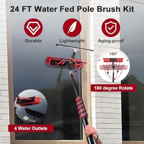 24ft Long Reach Solar Panel Cleaning Brush Kit,Telescopic Water Fed Pole & Squeegee, 2 Dusting Brushes for Window Outdoor Roof Cleaner Kit