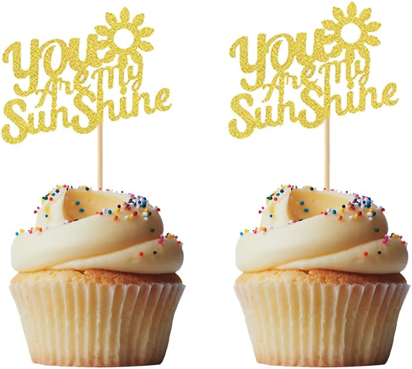 Morndew 24 PCS Gold Glitter You Are My Sunshine Cupcake Toppers for Kids Theme Birthday Party Gender Reveal Party Baby Shower Wedding Party Decorations