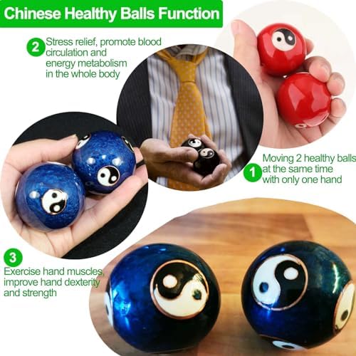 Generic 1.85'' Cloisonne Health Hand Balls Yin-Yang Chinese Meditation Baoding Feng Shui Healthy Exercise Stress Balls with Gift Box, Blue