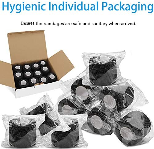 24 Pack Self Adherent Cohesive Bandage Wrap, 2” x 5 Yards Elastic Grip Tape Black Vet Wrap for Dogs, Athletic Bandages Wrap for First Aid Medical, Sports, Ankle, Wrist Sprains