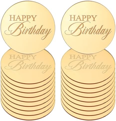 Mirror Round Cupcake Toppers Acrylic Circle Happy Birthday Cupcake Toppers, 20PCS Happy Birthday Cake Decorations, Round Engraved Cake Picks, Reusable Party Supplies, Gold