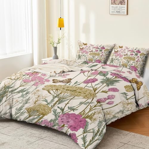 White Reversible Printed Duvet Cover Set Queen Size - 3 Pieces (1 Zipper Closure Duvet Cover with 2 Pillow Shams) - Retro Butterflies Flower Field Ultra Soft Brushed Microfiber