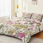 White Reversible Printed Duvet Cover Set Queen Size - 3 Pieces (1 Zipper Closure Duvet Cover with 2 Pillow Shams) - Retro Butterflies Flower Field Ultra Soft Brushed Microfiber