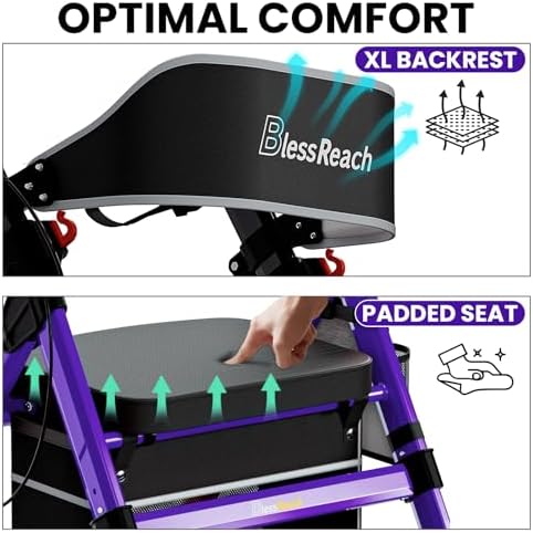 BlessReach Heavy-Duty Aluminum Rolling Walker - Foldable Rollator Walkers with Seat for Seniors, 450 lb Capacity, 8'' Wheels, 18" Big Seat, 6-Position Adjustable Height(Purple)