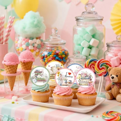 48Pcs Edible Book Club Cupcake Toppers Birthday Decoration I Love Reading Cupcake Picks Decor Supplies for Library