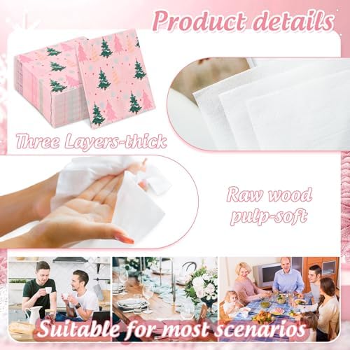 JarThenaAMCS 100Pcs Christmas Paper Napkin Pink Green Xmas Tree Disposable Luncheon Napkin Seasonal Dinner Hand Napkin for Winter Holiday Wedding Birthday Baby Shower