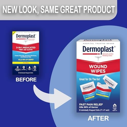 Dermoplast Wound Wipes, Medicated Antiseptic Wipes, First Aid Cloths, Analgesic for Minor Cuts, Scrapes and Burns on The Go, Sting Free Formula, 10 Individual Cloths (Packaging May Vary)