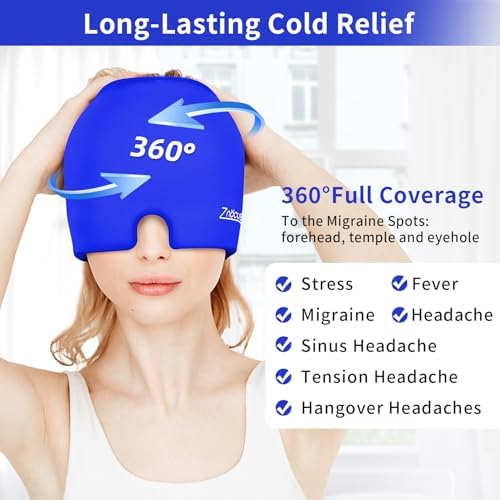 ZNÖCUETÖD Migraine Headache Relief Cap Hat Full Head ice Pack Wrap Cooling Gel Ice Beanie Cold Cap Hot/Cold Compress Therapy for Sinus, Stress, Tension, Hangover Headache Pain Relief Gift Men Women