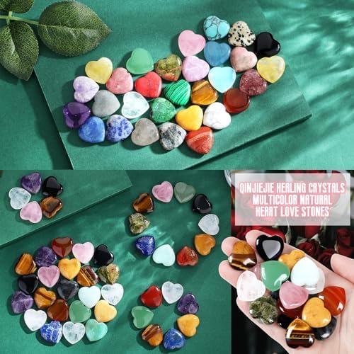 QINJIEJIE 10PCS Crystals Heart Healing Stones Rose Quartz Amethyst Polished Love Stone Palm Natural Gemstones Set Wholesale Reiki Balancing Meditation 0.8" Crystal Gifts for Women