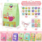Sublaga 28PCS Easter Treat Bags, Easter Goodie Bags for Kids, Paper Bag Bulk for Candy, Gift, Party Favors, Eggs/Chicks/Bunny Printing with 30PCS Stickers and 30PCS Cotton Ropes