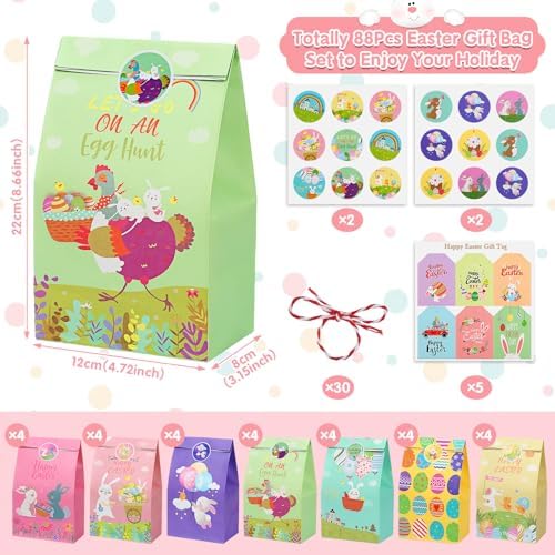 Sublaga 28PCS Easter Treat Bags, Easter Goodie Bags for Kids, Paper Bag Bulk for Candy, Gift, Party Favors, Eggs/Chicks/Bunny Printing with 30PCS Stickers and 30PCS Cotton Ropes