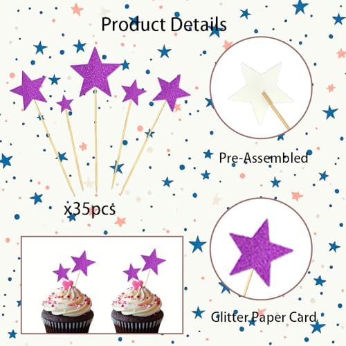35 PCS Little Star Cupcake Toppers Glitter Twinkle Star Cupcake Picks Stars Party Decorations for Wedding Engagement Baby Shower Birthday Party Cake Decorations Supplies Mixed Size Purple