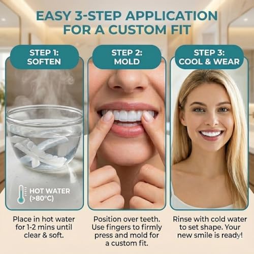 Snapon Smile Moldable Fake Teeth Covers (Upper & Lower) Veneer for Men & Women - Comfort Fit Natural Shade Clip on False Teeth