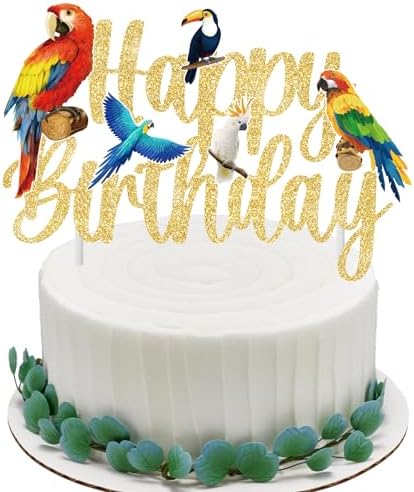 CANDY CHEF Tropical Bird Birthday Cake Topper - Parrot Happy Birthday Cake Pick - Party Decoration for Birds Themed Baby Shower Supplies