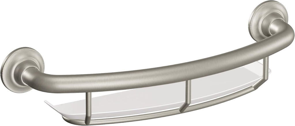 Moen Home Care Bathroom Safety 16 Inch Handicap Grab Bar for Bathtub and Shower with Storage Shelf, Elderly Assistance Product, Brushed Nickel, R2356DBN