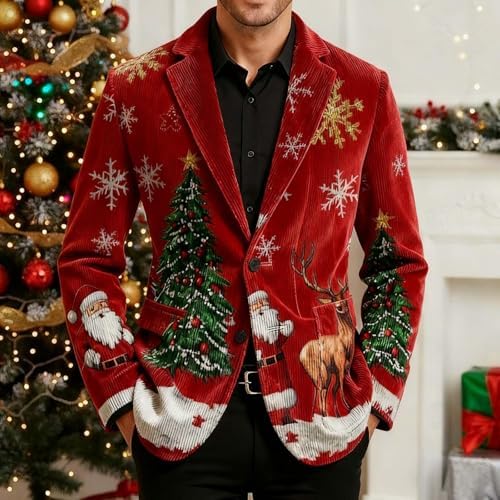Christmas Suit for Men Lightweight Xmas Printed Corduroy Blazer Casual Button Holiday Jacket with Pockets Blazer