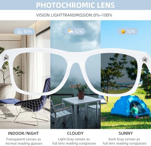 Photochromic Reading Glasses for Women Men, Womens Mens Full Reading Sun Glasses Variable Tinted Readers Grey Color Lens Clear Frame, +2.75