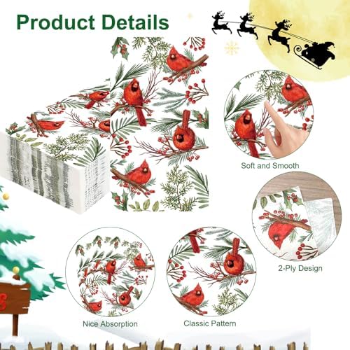 Christmas Napkins, 200 PCS Christmas Napkins Paper Disposable, Red Cardinal Bird with Holly Berries Decorative Greenery Dinner Guest Hand Towel for Bathroom for Xmas Holiday Party Supplies Table Decor