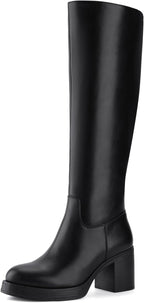 Shoe'N Tale Platform Knee High Boots for Women Block Chunky Heel Round Toe Side Zipper Tall Boots