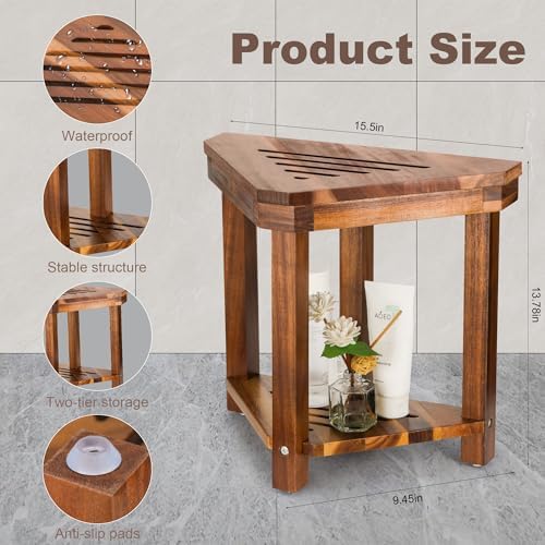 Corner Shower Stool, Shower Foot Rest for Shaving Legs, Small Shower Acacia Wood Waterproof Shower Bench for Inside Shower Spaces (Corner Stool 01)