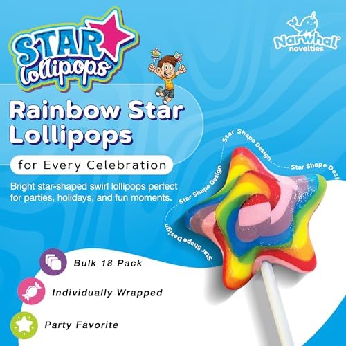 Rainbow Star Lollipops Swirl 18 PCS - Star Shaped Lollipop - Bulk Lolipop Candy Suckers Treats - Swirly Candies for Birthdays Party Favors and Goodie Bags - Easter Basket Stuffers For Kids