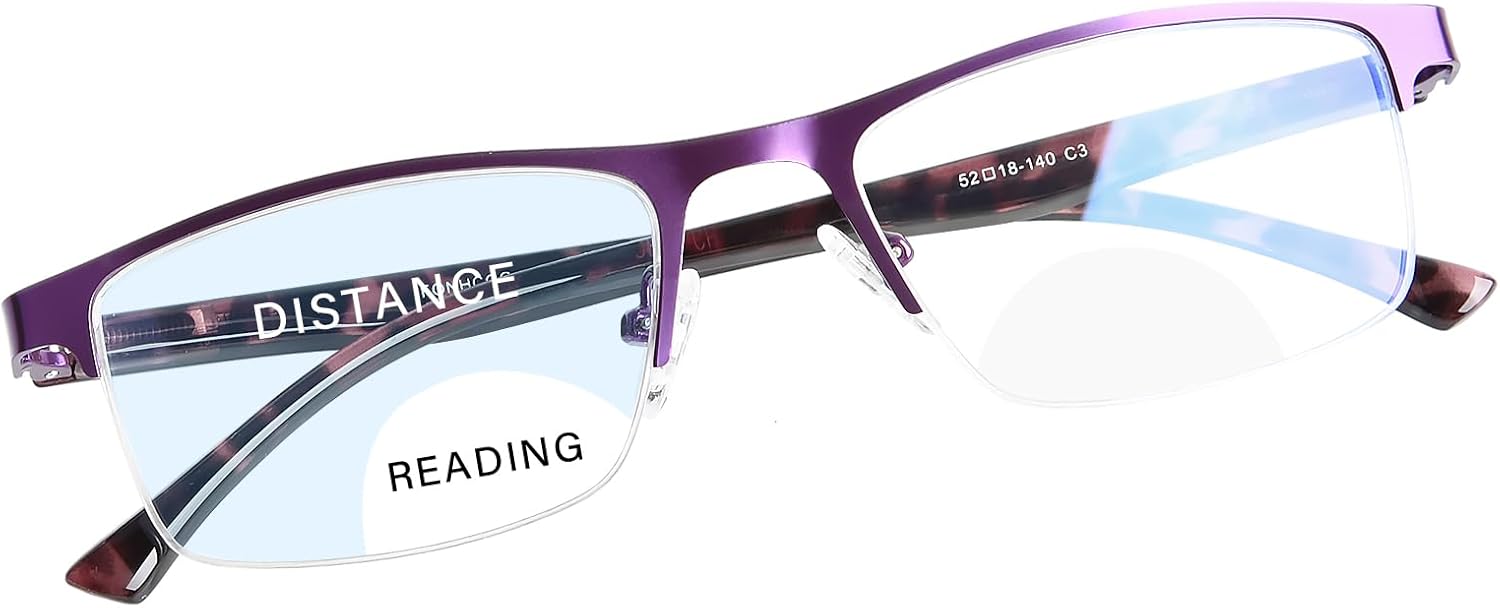 FONHCOO Bifocal Reading Glasses for Women Men, Metal Half Frame Blue Light Blocking Readers Anti UV/Glare/Eyestrain